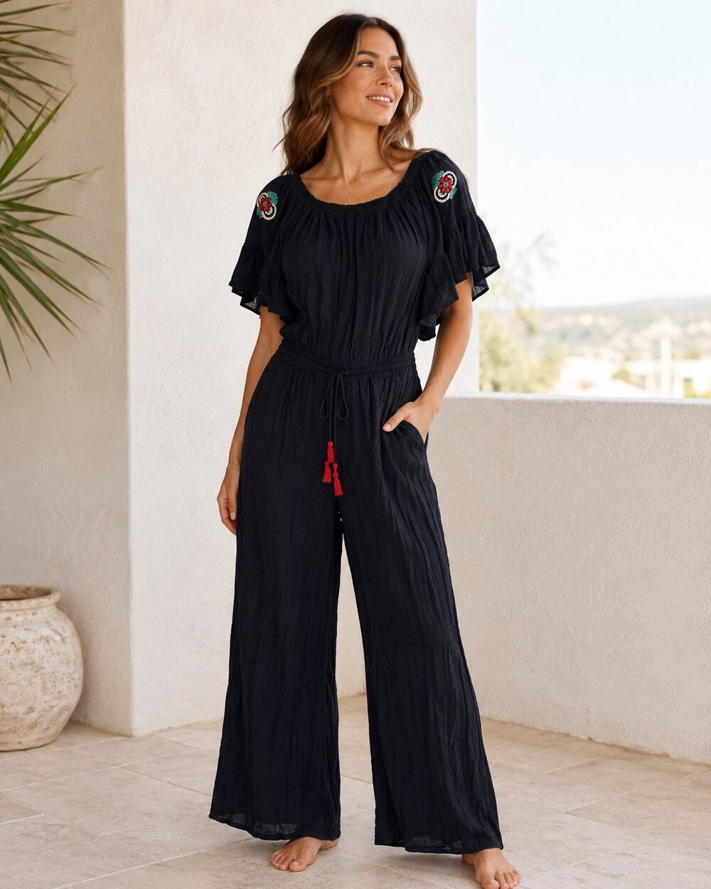 Raga Boho Embroidered Wide Leg Jumpsuit Small